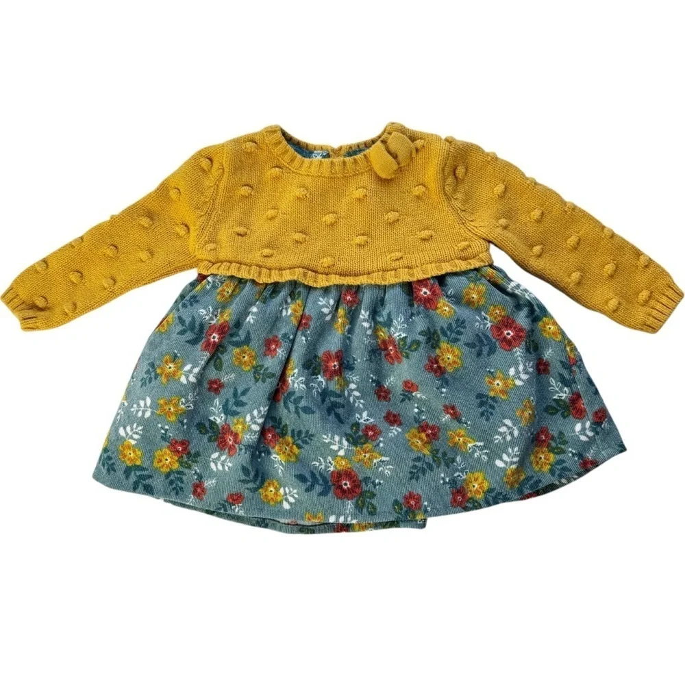 Cupcakes and Cashmere Mustard and Green Floral Lined Sweater Dress 0-3 Months